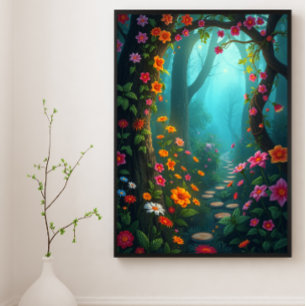 Magical Forest Pathway with Whimsical Wildflowers Poster