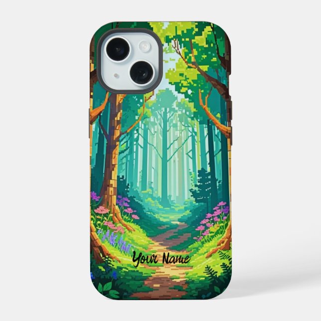 Magical Forest Pixel Art Personalised Name  iPhone 15 Case (Back)