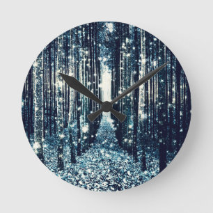 Magical Forest Teal Grey Elegance Round Clock