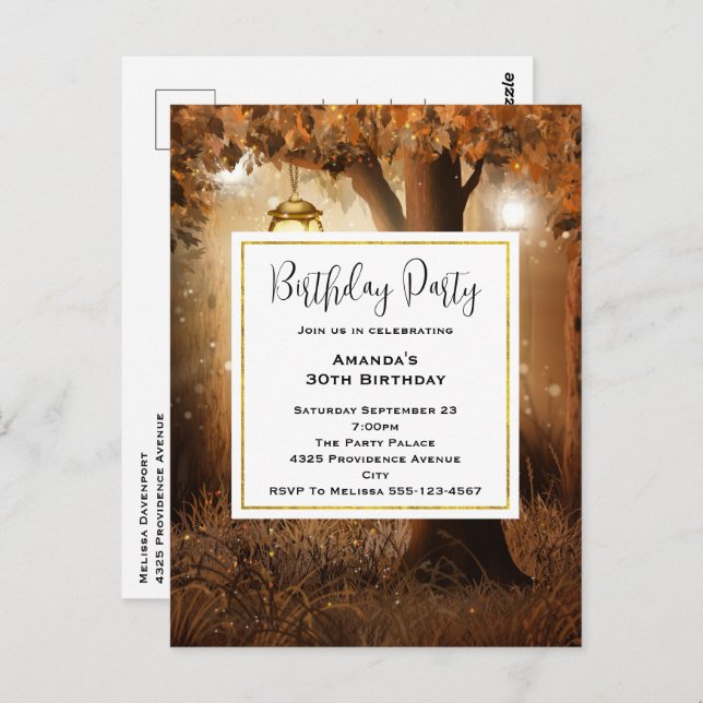 Magical Forest with Fairy Lights Birthday Invite Postcard (Front/Back)