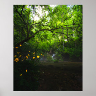 Magical forest with yellow flowers and waterfall poster