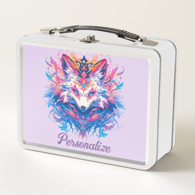 Magical Fox Colourful Personalised Cute Kids Metal Lunch Box (Front)