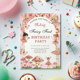 Magical Garden Pink Fairies First 1St Birthday  Invitation