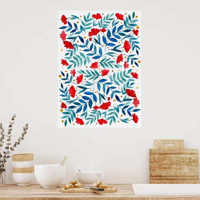 Magical garden - red and turquoise poster (Kitchen)