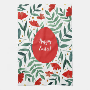 Magical garden watercolor flowers in red and green tea towel