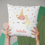 Magical Girly Unicorn & Stars Personalised Cushion<br><div class="desc">Add a touch of magic to your little girls life with this beautiful unicorn pillow. Featuring a background of colourful stars,  a magical unicorn with gold glitter and pink flowers and your child's name.</div>