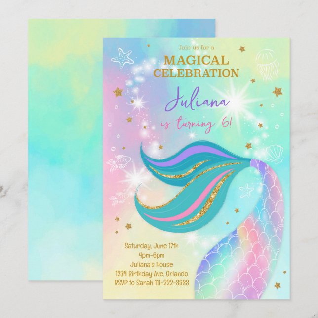 Magical Glitter Colourful Mermaid Birthday Invite (Front/Back)