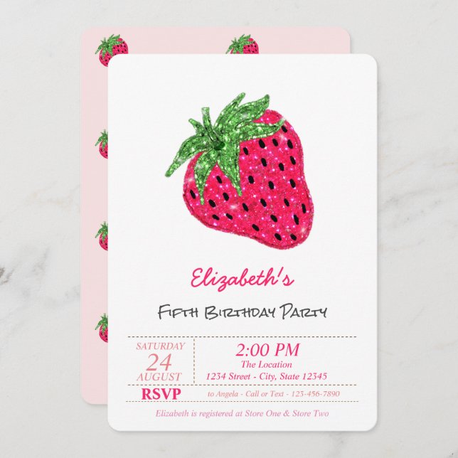 Magical Glitter Strawberry  Birthday   Invitation (Front/Back)