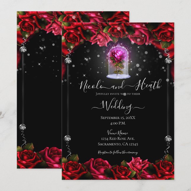 Magical Glow Red Rose Silver Black Wedding Invitation (Front/Back)