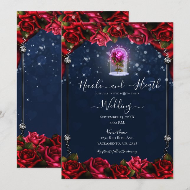 Magical Glow Red Rose Silver Navy Blue Wedding  Invitation (Front/Back)