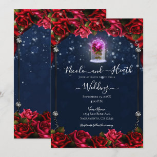 Magical Glow Red Rose Silver Navy Blue Wedding  Invitation