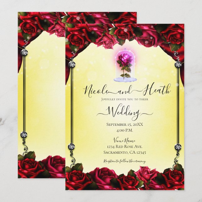 Magical Glow Red Rose Silver Yellow Wedding Invitation (Front/Back)