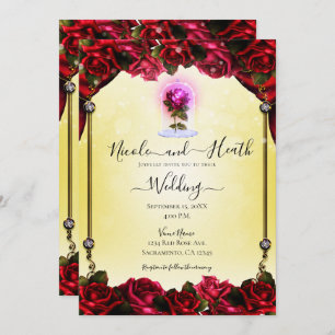 Magical Glow Red Rose Yellow Gold Sparkle Wedding Invitation
