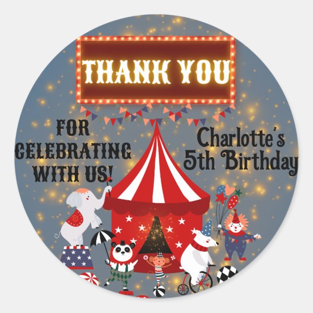 Magical Glowing Carnival Circus Party Thank You Classic Round Sticker (Front)