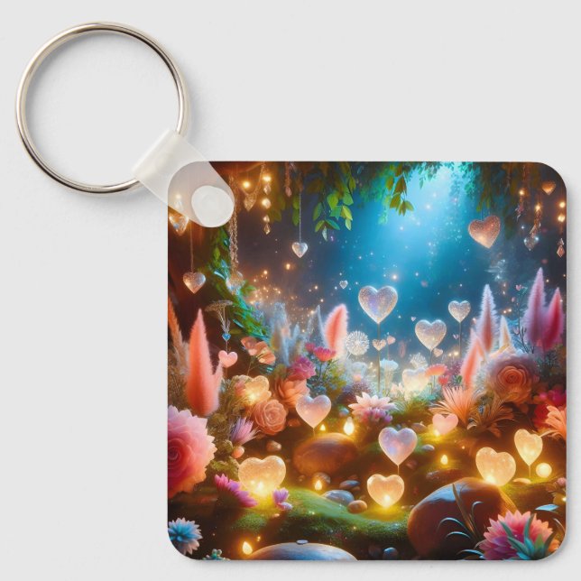 Magical Glowing Flowers Heart Garden  Key Ring (Front)