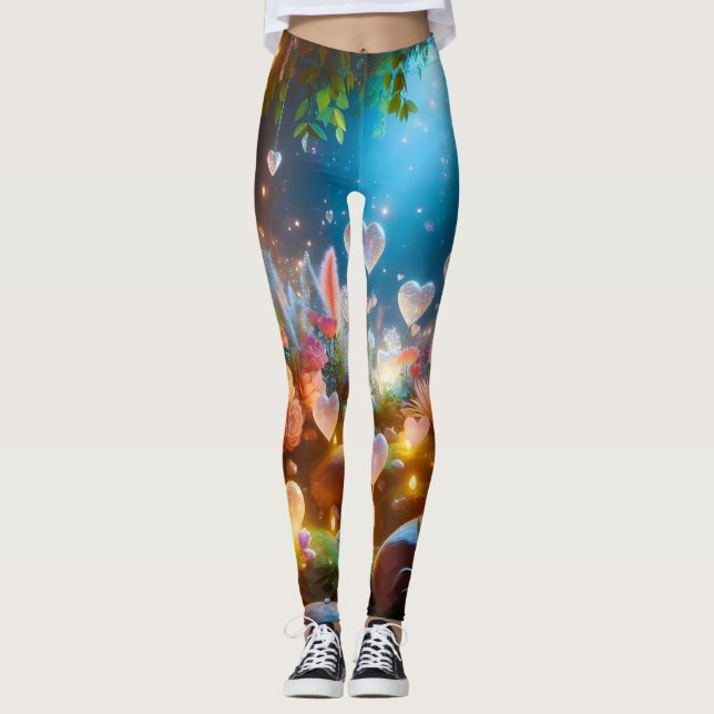 Magical Glowing Flowers Heart Garden  Leggings (Front)
