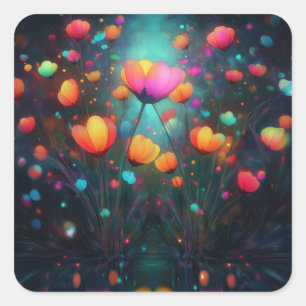 Magical Glowing Wildflowers Rainbow on Blue Square Sticker