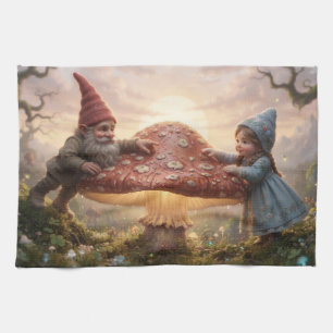 Magical Gnome And Girl In Forest With Mushroom Tea Towel