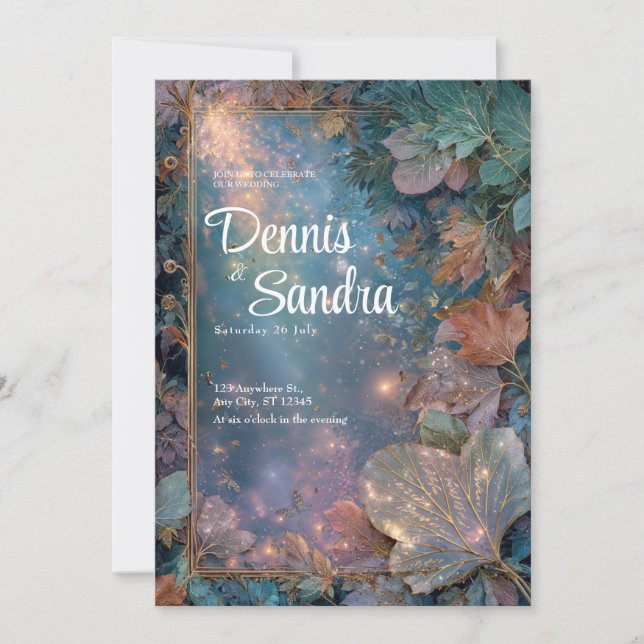Magical Gold Celestial Forest Teal Copper Wedding Invitation (Front)