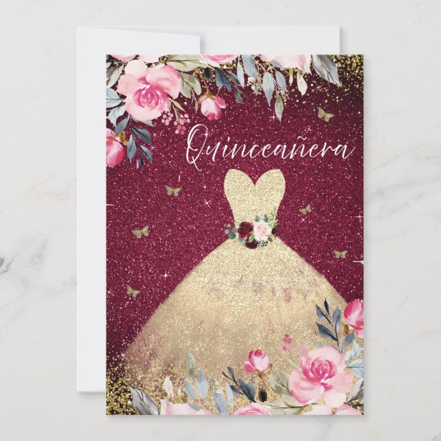 Magical Gold Dress Blush Pink Floral Quinceanera Invitation (Front)