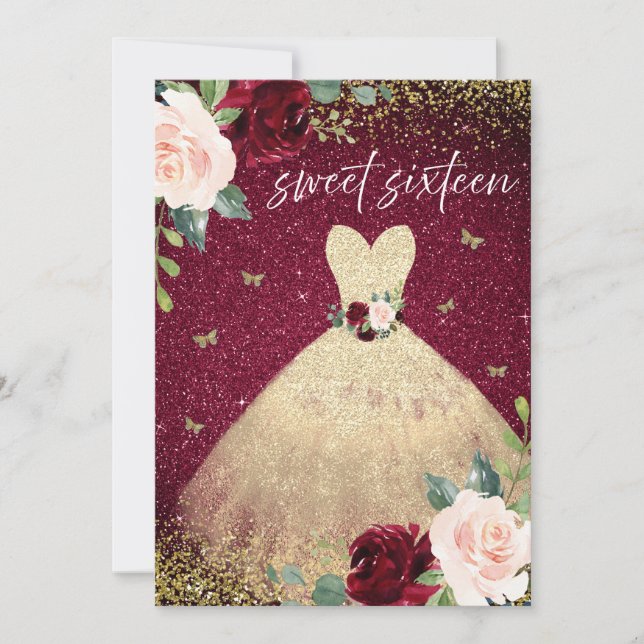 Magical Gold Dress Burgundy Red Floral Sweet 16 Invitation (Front)