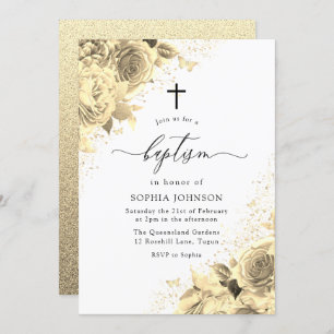 Magical Gold Flowers with Glitter Baptism Invitation
