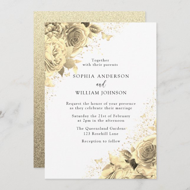 Magical Gold Flowers with Glitter Elegant Wedding Invitation (Front/Back)
