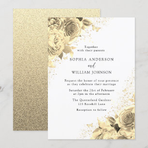Magical Gold Flowers with Glitter Elegant Wedding Invitation