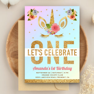 Magical Gold Glitter Unicorn 1st Birthday Party Invitation