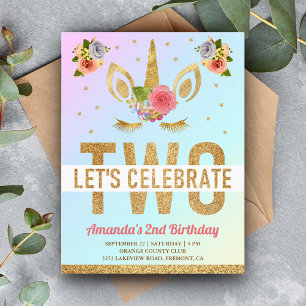 Magical Gold Glitter Unicorn 2nd Birthday Party Invitation Postcard