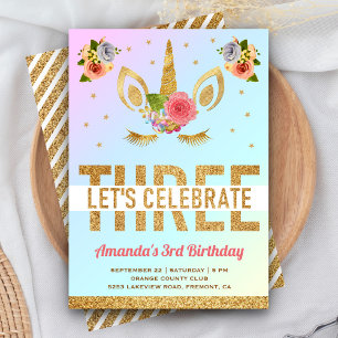 Magical Gold Glitter Unicorn 3rd Birthday Party Invitation