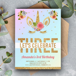 Magical Gold Glitter Unicorn 3rd Birthday Party Invitation Postcard