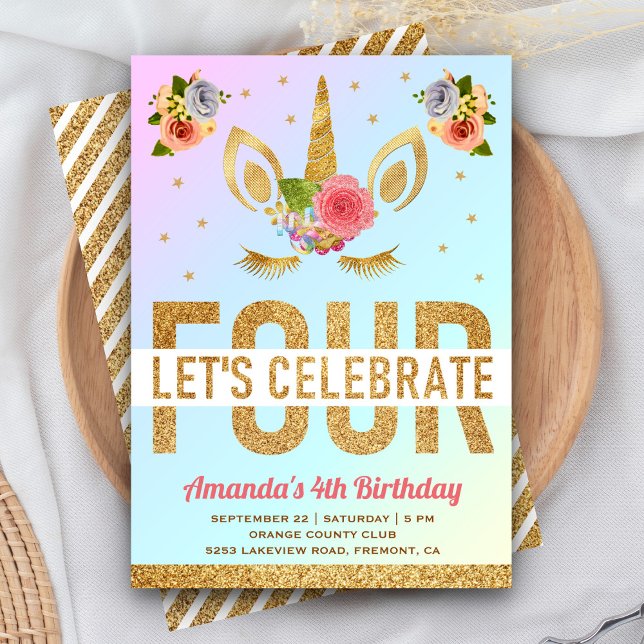 Magical Gold Glitter Unicorn 4th Birthday Party Invitation (Creator Uploaded)