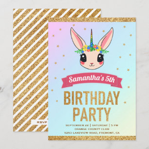 Magical Gold Glitter Unicorn Bunny Birthday Invitation