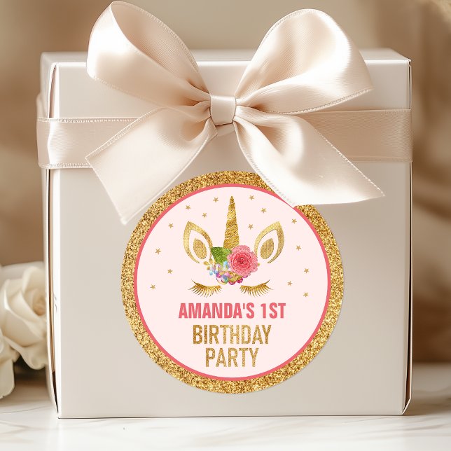 Magical Gold Glitter Unicorn Face Birthday Party Classic Round Sticker (Creator Uploaded)