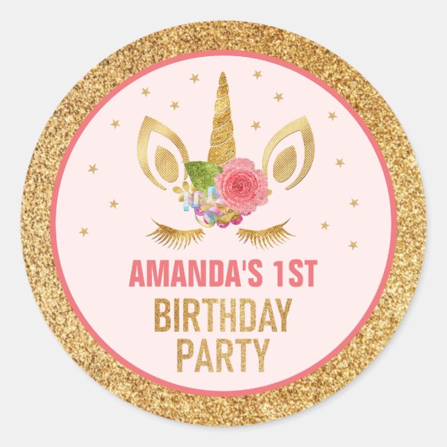 Magical Gold Glitter Unicorn Face Birthday Party Classic Round Sticker (Front)
