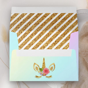 Magical Gold Glitter Unicorn Face Birthday Party Envelope