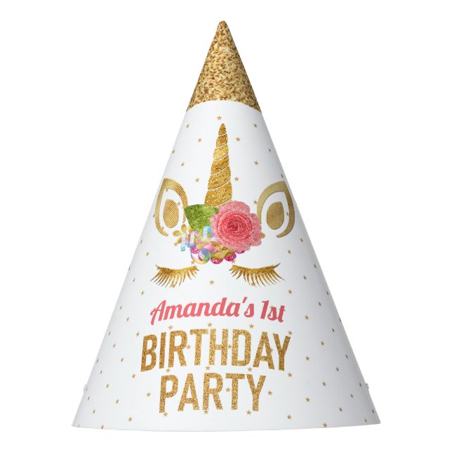 Magical Gold Glitter Unicorn Face Birthday Party Hat (Front)