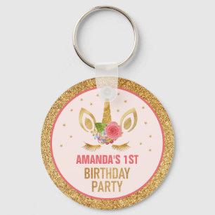Magical Gold Glitter Unicorn Face Birthday Party Key Ring