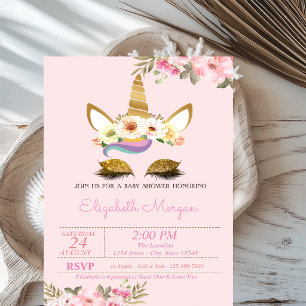 Magical Gold Glitter Unicorn Floral Baby Shower Invitation