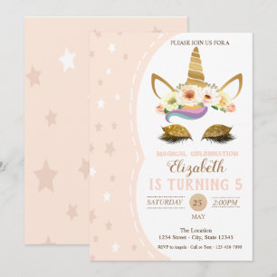 Magical Gold Glitter Unicorn, Stars Birthday Invitation