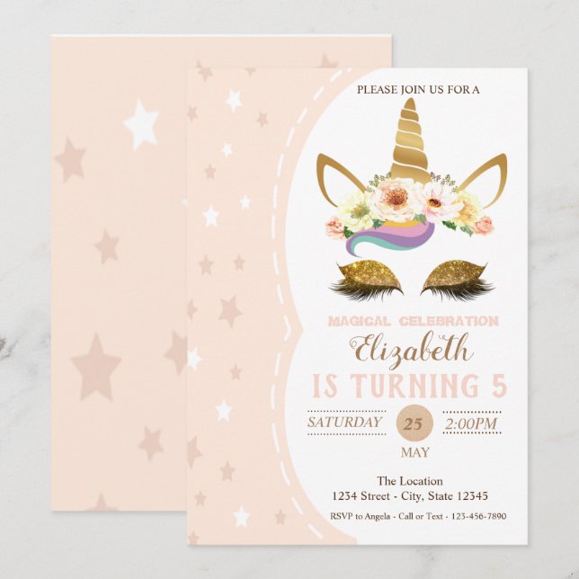 Magical Gold Glitter Unicorn, Stars Birthday Invitation (Front/Back)