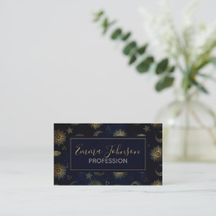 Magical Gold Moon Sun Stars Dark Blue pattern Business Card