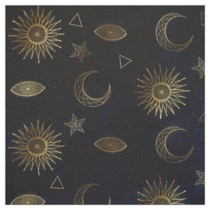 Magical Gold Moon Sun Stars Dark Blue pattern Fabric