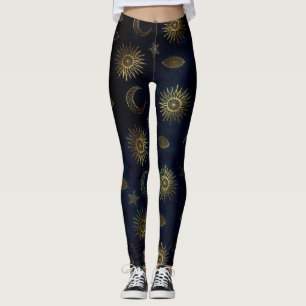 Magical Gold Moon Sun Stars Dark Blue pattern Leggings