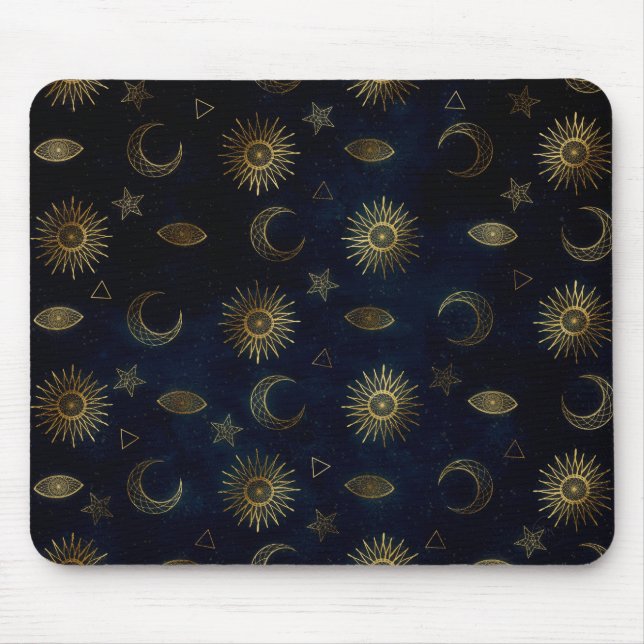 Magical Gold Moon Sun Stars Dark Blue pattern Mouse Mat (Front)