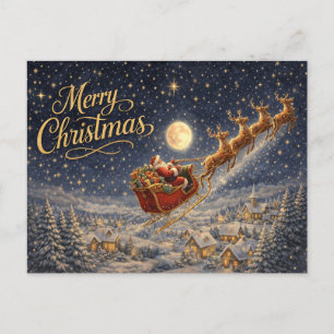 Magical Gold Santa Night Sky Merry Christmas Holiday Postcard