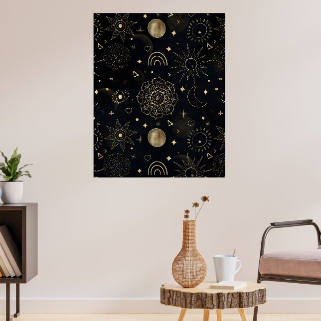 Magical Gold Sun Moon Planets Galaxy Doodling Art Poster (Living Room 3)