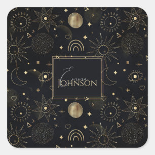 Magical Gold Sun Moon Planets Galaxy Doodling Art Square Sticker