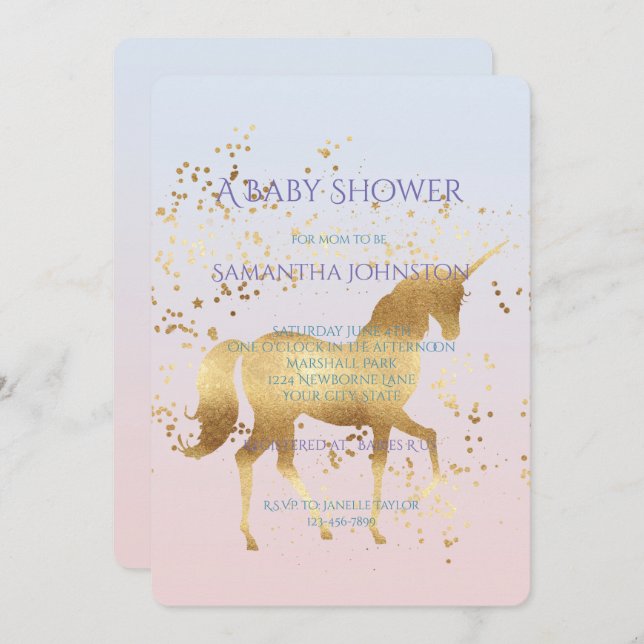 Magical Gold Unicorn Baby Shower Invitation (Front/Back)
